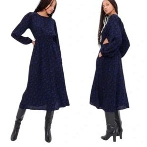 GAP Women’s Long Sleeve Cutout Midi Dress in Black / Blue Floral Size Small NWOT
